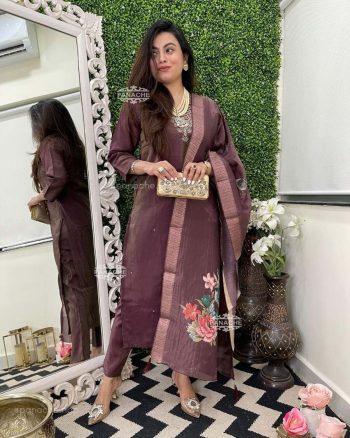 MOST PICKED GOLD SHIMMER SILK CODING EMBROIDERY WORK TOP BOTTOM WITH DIGITAL PRINTED DUPATTA WINE