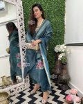 MOST PICKED GOLD SHIMMER SILK CODING EMBROIDERY WORK TOP BOTTOM WITH DIGITAL PRINTED DUPATTA SEA BLUE