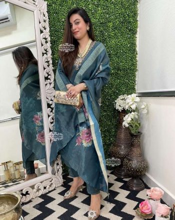 MOST PICKED GOLD SHIMMER SILK CODING EMBROIDERY WORK TOP BOTTOM WITH DIGITAL PRINTED DUPATTA SEA BLUE