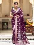 NEW ARRIVAL BANARASI SOFT SILK WEAVING WORK SAREE WITH UNSTITCHED BLOUSE  WINE