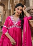NEW ARRIVAL CHANDERI SILK EMBROIDERY WORK AILA CUT GOWN BOTTOM WITH DUPATTA FESTIVE WEAR WHOLESALE PRICE ETHNIC GARMENT (4)