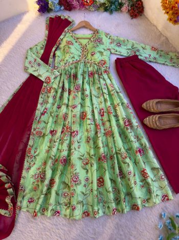 NEW ARRIVAL CHINON DIGITAL PRINTED MULTI COLOR BEAUTIFUL HAND MADE WORK GOWN BOTTOM WITH DUPATTA  PARROT GREEN