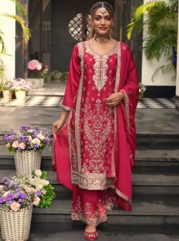 NEW ARRIVAL CHINON EMBROIDERY SEQUENCE CODING WORK TOP PALAZZO WITH DUPATTA RED
