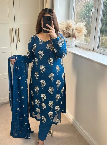 NEW ARRIVAL CHINON EMBROIDERY SEQUENCE WITH MOTI WORK LACE  BORDER TOP BOTTOM WITH DUPATTA BLUE