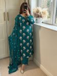 NEW ARRIVAL CHINON EMBROIDERY SEQUENCE WITH MOTI WORK LACE  BORDER TOP BOTTOM WITH DUPATTA RAMA