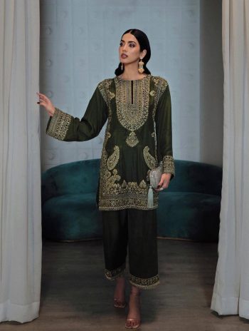 NEW ARRIVAL CHINON EMBROIDERY SEQUENCE WORK TOP BOTTOM WITH DUPATTA  MEHNDI