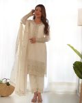 NEW ARRIVAL CHINON EMBROIDERY SEQUENCE WORK TOP BOTTOM WITH DUPATTA WHITE