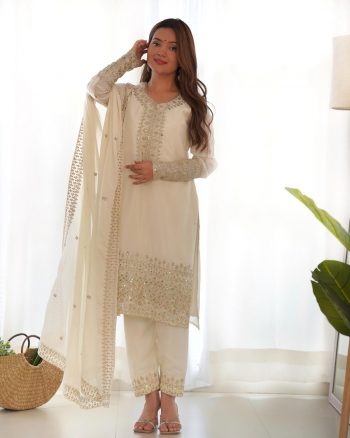 NEW ARRIVAL CHINON EMBROIDERY SEQUENCE WORK TOP BOTTOM WITH DUPATTA WHITE