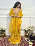 NEW ARRIVAL CHINON SILK CODING EMBROIDERY SEQUENCE WORK  TOP SHARARA WITH DUPATTA  YELLOW
