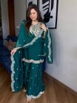 NEW ARRIVAL CHINON SILK EMBROIDERY CODING DORI-SEQUENCE WORK TOP SHARARA WITH DUPATTA  GREEN