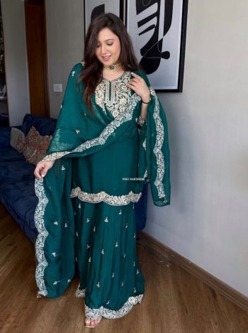 NEW ARRIVAL CHINON SILK EMBROIDERY CODING DORI-SEQUENCE WORK TOP SHARARA WITH DUPATTA  GREEN
