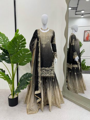 NEW ARRIVAL CHINON SILK EMBROIDERY CODING DORI SEQUENCE WORK TOP SHARARA WITH DUPATTA BLACK