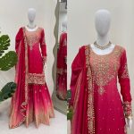 NEW ARRIVAL CHINON SILK EMBROIDERY CODING DORI SEQUENCE WORK TOP SHARARA WITH DUPATTA PARTY WEAR WHOLESALE PRICE ETHNIC GARMENT (4)