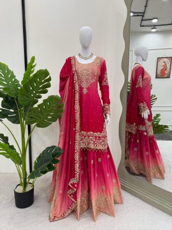 NEW ARRIVAL CHINON SILK EMBROIDERY CODING DORI SEQUENCE WORK TOP SHARARA WITH DUPATTA RANI