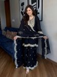 NEW ARRIVAL CHINON SILK EMBROIDERY CODING DORI-SEQUENCE WORK TOP SHARARA WITH DUPATTA BLACK