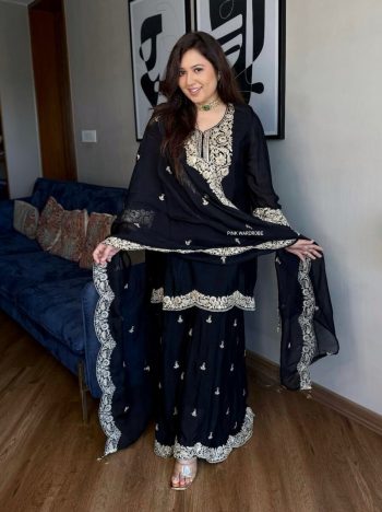 NEW ARRIVAL CHINON SILK EMBROIDERY CODING DORI-SEQUENCE WORK TOP SHARARA WITH DUPATTA BLACK