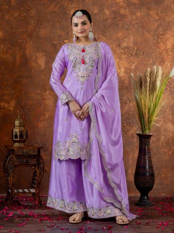 NEW ARRIVAL CHINON SILK EMBROIDERY SEQUENCE CODING DORI WITH FANCY LATKAN AND TASSLES WORK TOP PALAZZO WITH DUPATTA LAVENDER