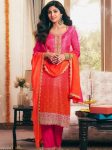NEW ARRIVAL CHINON SILK EMBROIDERY SEQUENCE WITH DIGITAL PINT WORK TOP BOTTOM WITH DUPATTA  ORANGE