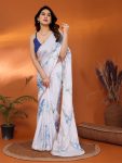 NEW ARRIVAL CHINON SILK PRINTED WITH FOIL WORK WITH SAMLL LACE BORDER SAREE WITH UNSTITCHED BLOUSE BLUE