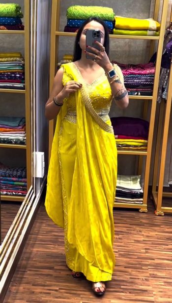 NEW ARRIVAL CHINON THREAD SEQUENCE WORK STITCHED BLOUSE PALAZZO WITH DUPATTA YELLOW