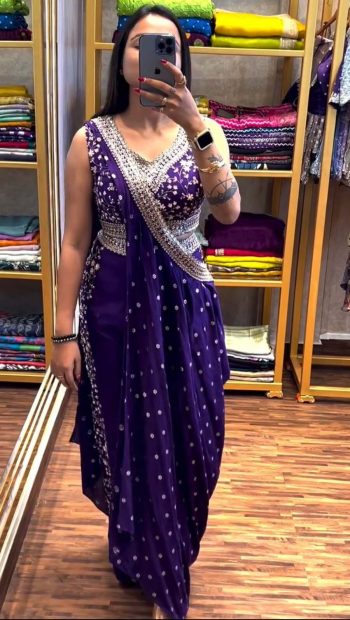 NEW ARRIVAL CHINON THREAD SEQUENCE WORK STITCHED BLOUSE PALAZZO WITH DUPATTA PURPLE