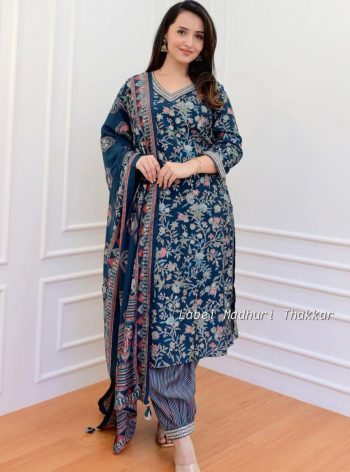 NEW ARRIVAL COTTON DIGITAL PRINTED WITH FULL EMBROIDERY WORK TOP PATIYALA WITH DUPATTA  NAVY BLUE