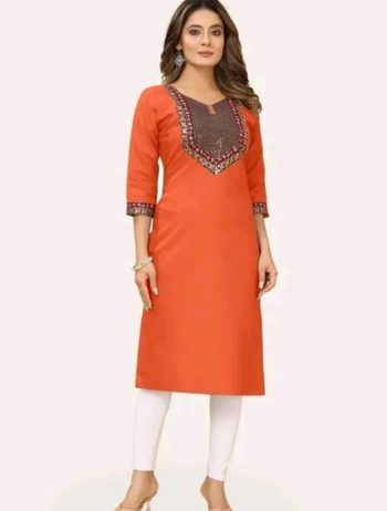 NEW ARRIVAL COTTON EMBROIDERY WORK KURTI ORANGE