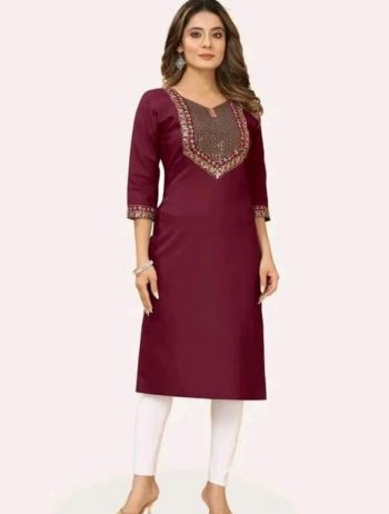 NEW ARRIVAL COTTON EMBROIDERY WORK KURTI  MAROON