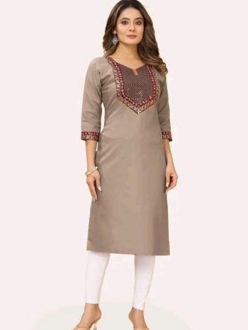 NEW ARRIVAL COTTON EMBROIDERY WORK KURTI  CHIKU