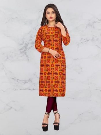NEW ARRIVAL CREEP DIGITAL PRINTED KURTI  ORANGE