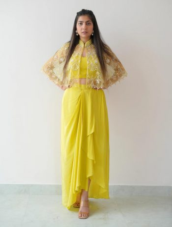NEW ARRIVAL CREPE PLAIN TUBE TOP PLEATED DHOTI WITH NET DESIGNER KOTI YELLOW