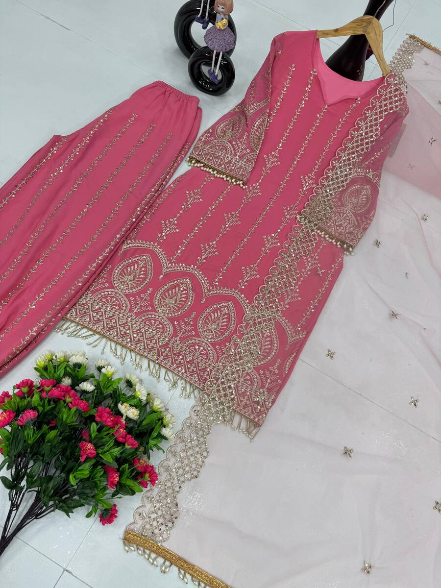 NEW ARRIVAL FAUX GEORGETTE EMBROIDERY SEQUENCE WORK WITH FANCY LACE WORK TOP PATIYALA WITH DUPATTA FESTIVE WEAR WHOLESALE PRICE ETHNIC GARMENT (6)