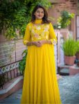 NEW ARRIVAL FAUX GEORGETTE EMBROIDERY THREAD AND SEQUENCE WORK GOWN WITH DUPATTA YELLOW