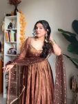 NEW ARRIVAL FENDI SILK EMBROIDERY SEQUENCE WORK  GOWN BOTTOM WITH DUPATTA  BROWN