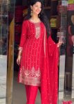 NEW ARRIVAL GEORGETTE EMBROIDERY SEQUENCE WORK TOP BOTTOM WITH DUPATTA  RED