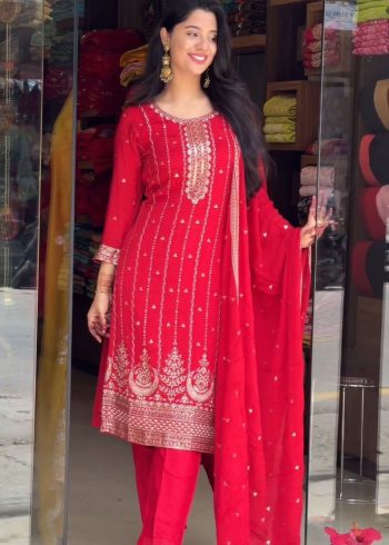 NEW ARRIVAL GEORGETTE EMBROIDERY SEQUENCE WORK TOP BOTTOM WITH DUPATTA  RED