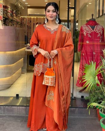 NEW ARRIVAL GEORGETTE EMBROIDERY SEQUENCE WORK TOP PALAZZO WITH DUPATTA ORANGE