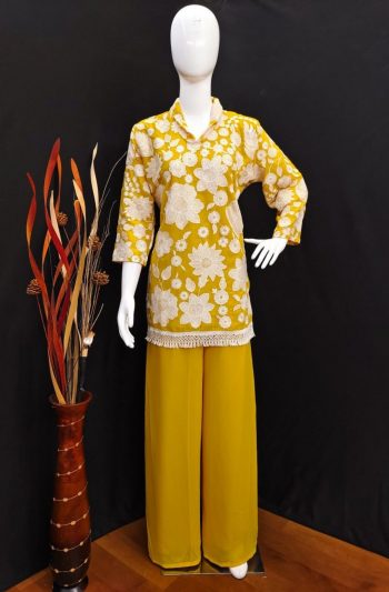GEORGETTE SEQUENCE AND COTTON EMBROIDERY WORK TOP PALAZZO SET  YELLOW