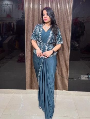 NEW ARRIVAL GEORGETTE SEQUENCE EMBROIDERY WORK READY TO WEAR SAREE KOTI WAIST BELT WITH STITCHED BLOUSE TEAL
