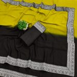 NEW ARRIVAL GEORGETTE TWO SHADED WITH  SILVER JACQUARD LACE BORDER WORK SAREE WITH UNSTITCHED BLOUSE YELLOW