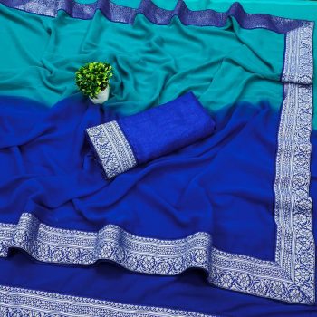 NEW ARRIVAL GEORGETTE TWO SHADED WITH  SILVER JACQUARD LACE BORDER WORK SAREE WITH UNSTITCHED BLOUSE BLUE