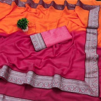 NEW ARRIVAL GEORGETTE TWO SHADED WITH  SILVER JACQUARD LACE BORDER WORK SAREE WITH UNSTITCHED BLOUSE ORANGE