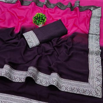NEW ARRIVAL GEORGETTE TWO SHADED WITH  SILVER JACQUARD LACE BORDER WORK SAREE WITH UNSTITCHED BLOUSE PINK