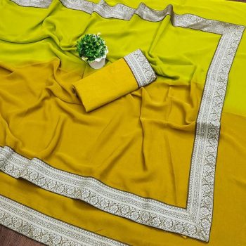 NEW ARRIVAL GEORGETTE TWO SHADED WITH  SILVER JACQUARD LACE BORDER WORK SAREE WITH UNSTITCHED BLOUSE PARROT GREEN