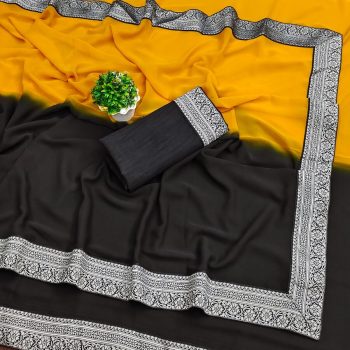 NEW ARRIVAL GEORGETTE TWO SHADED WITH  SILVER JACQUARD LACE BORDER WORK SAREE WITH UNSTITCHED BLOUSE YELLOW