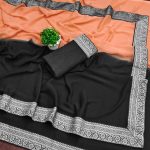 NEW ARRIVAL GEORGETTE TWO SHADED WITH  SILVER JACQUARD LACE BORDER WORK SAREE WITH UNSTITCHED BLOUSE PEACH