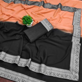 NEW ARRIVAL GEORGETTE TWO SHADED WITH  SILVER JACQUARD LACE BORDER WORK SAREE WITH UNSTITCHED BLOUSE PEACH