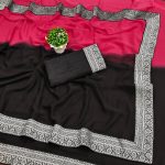 NEW ARRIVAL GEORGETTE TWO SHADED WITH  SILVER JACQUARD LACE BORDER WORK SAREE WITH UNSTITCHED BLOUSE RANI