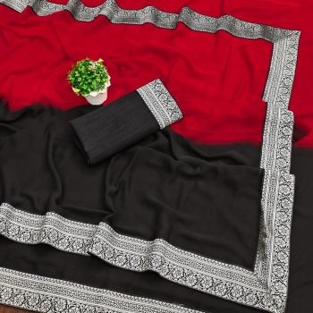 NEW ARRIVAL GEORGETTE TWO SHADED WITH  SILVER JACQUARD LACE BORDER WORK SAREE WITH UNSTITCHED BLOUSE RED