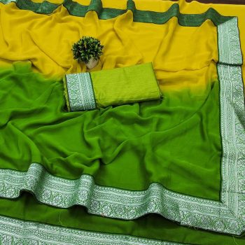 NEW ARRIVAL GEORGETTE TWO SHADED WITH  SILVER JACQUARD LACE BORDER WORK SAREE WITH UNSTITCHED BLOUSE YELLOW